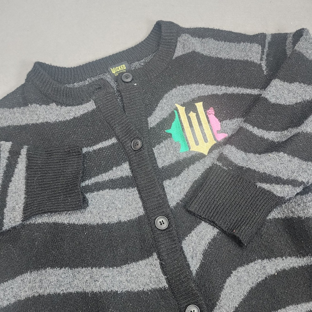 Wicked Cardigan Black Grey Zebra Stripe Embroidered Logo Paul Tazewell Large